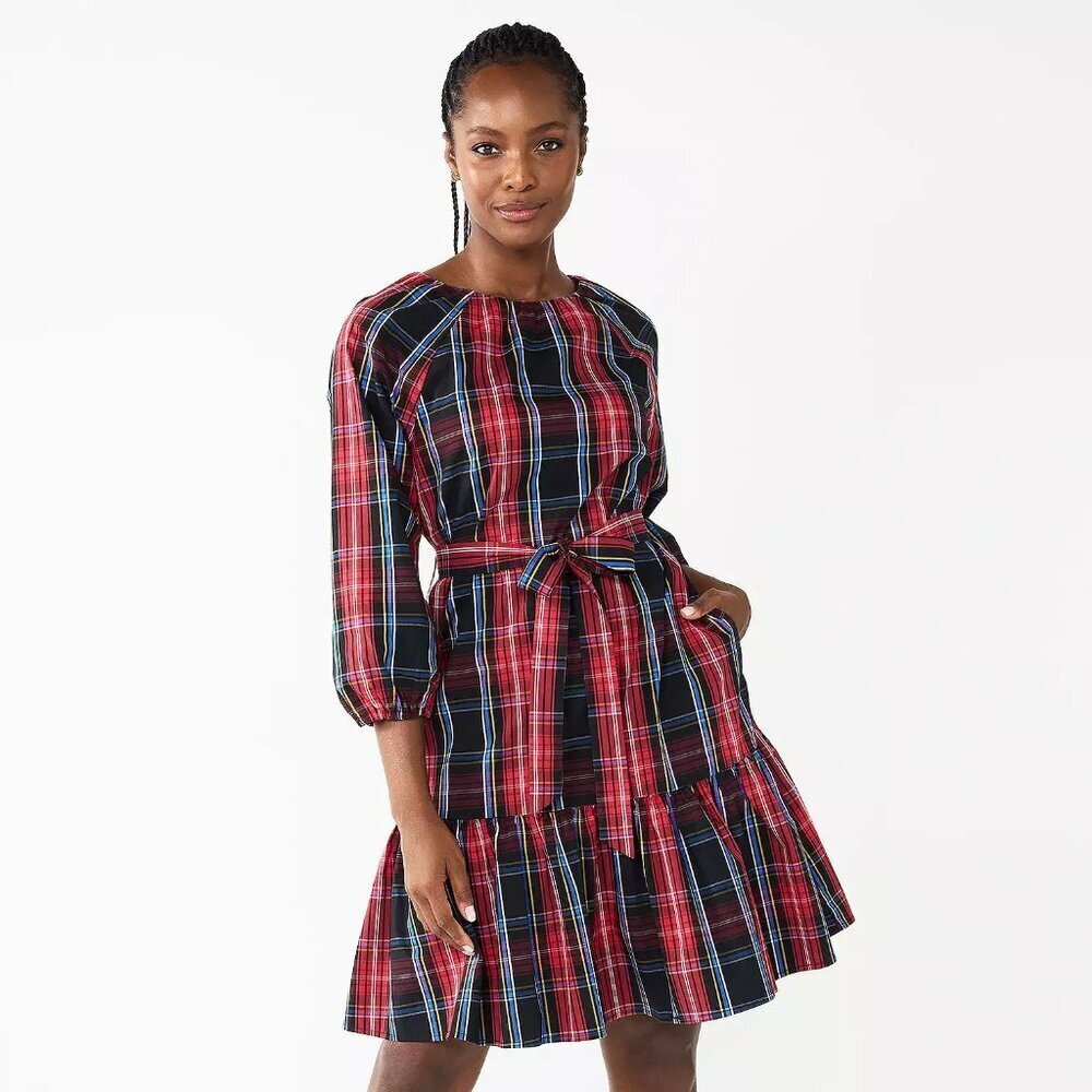 Draper James RSVP Womens Size XL Plaid Long Sleeve‎ Tiered Bow Back Dress $78